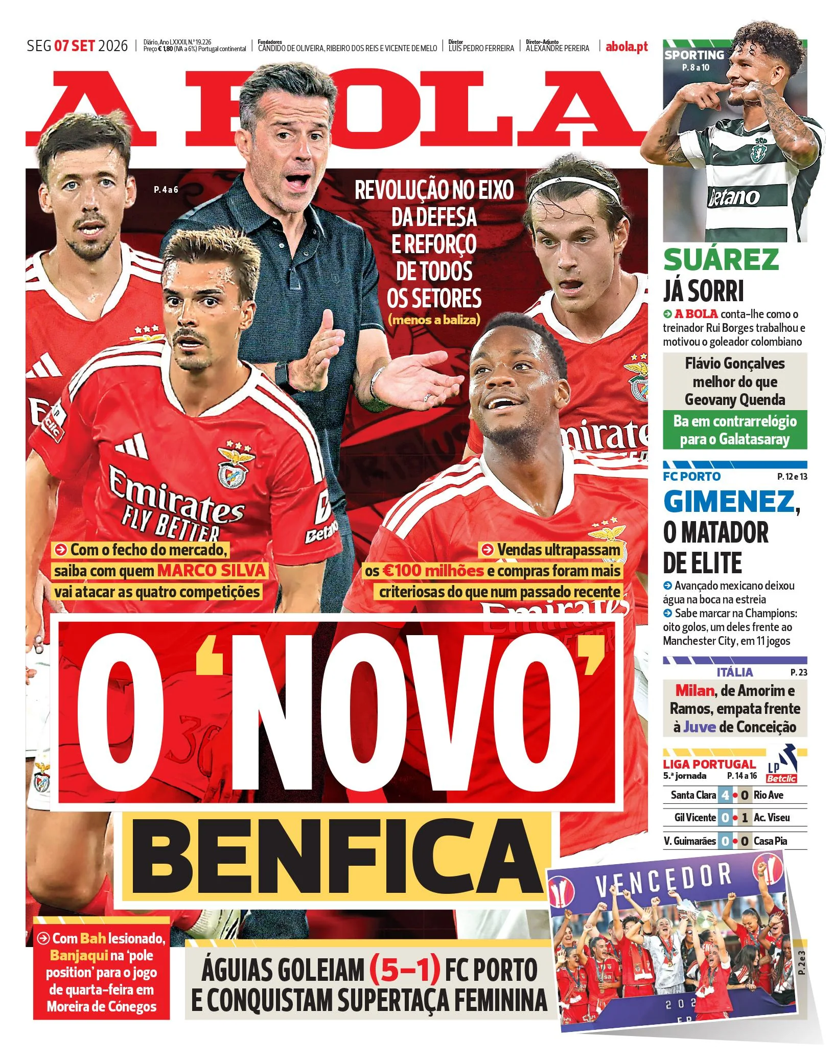 Capa do A Bola de segunda-feira, 7 de setembro de 2026