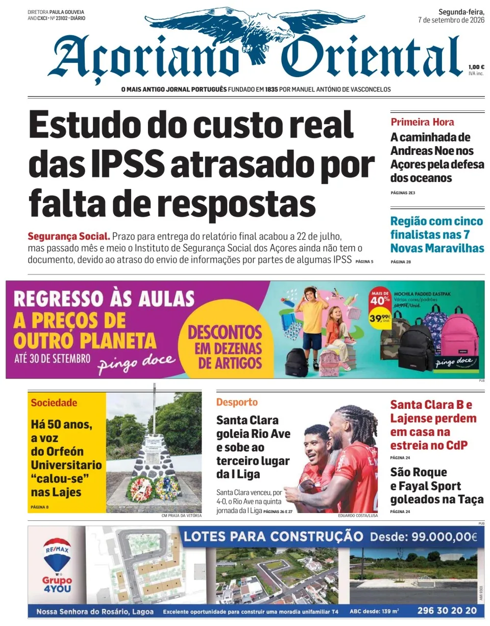 Capa do Açoriano Oriental de segunda-feira, 7 de setembro de 2026