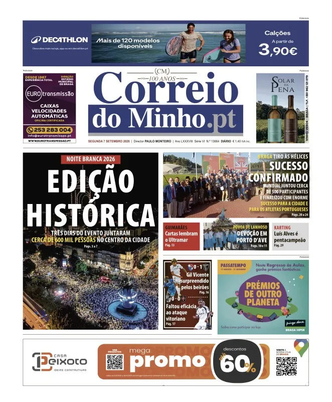 Capa do Correio do Minho de segunda-feira, 7 de setembro de 2026