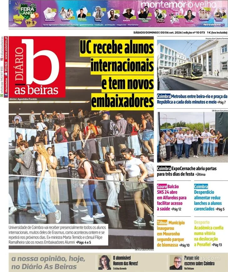 Capa do Diário As Beiras de segunda-feira, 7 de setembro de 2026