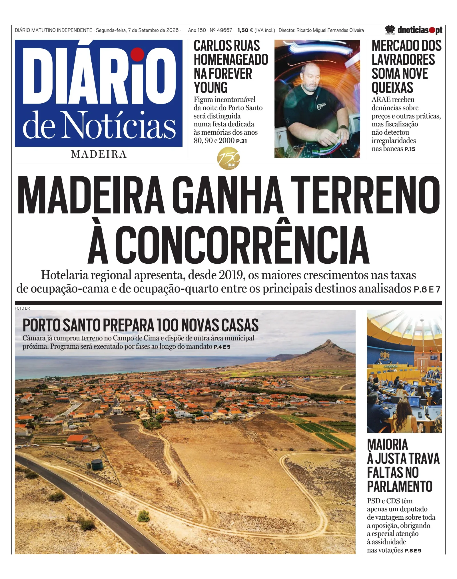 Capa do Diário de Notícias da Madeira de segunda-feira, 7 de setembro de 2026