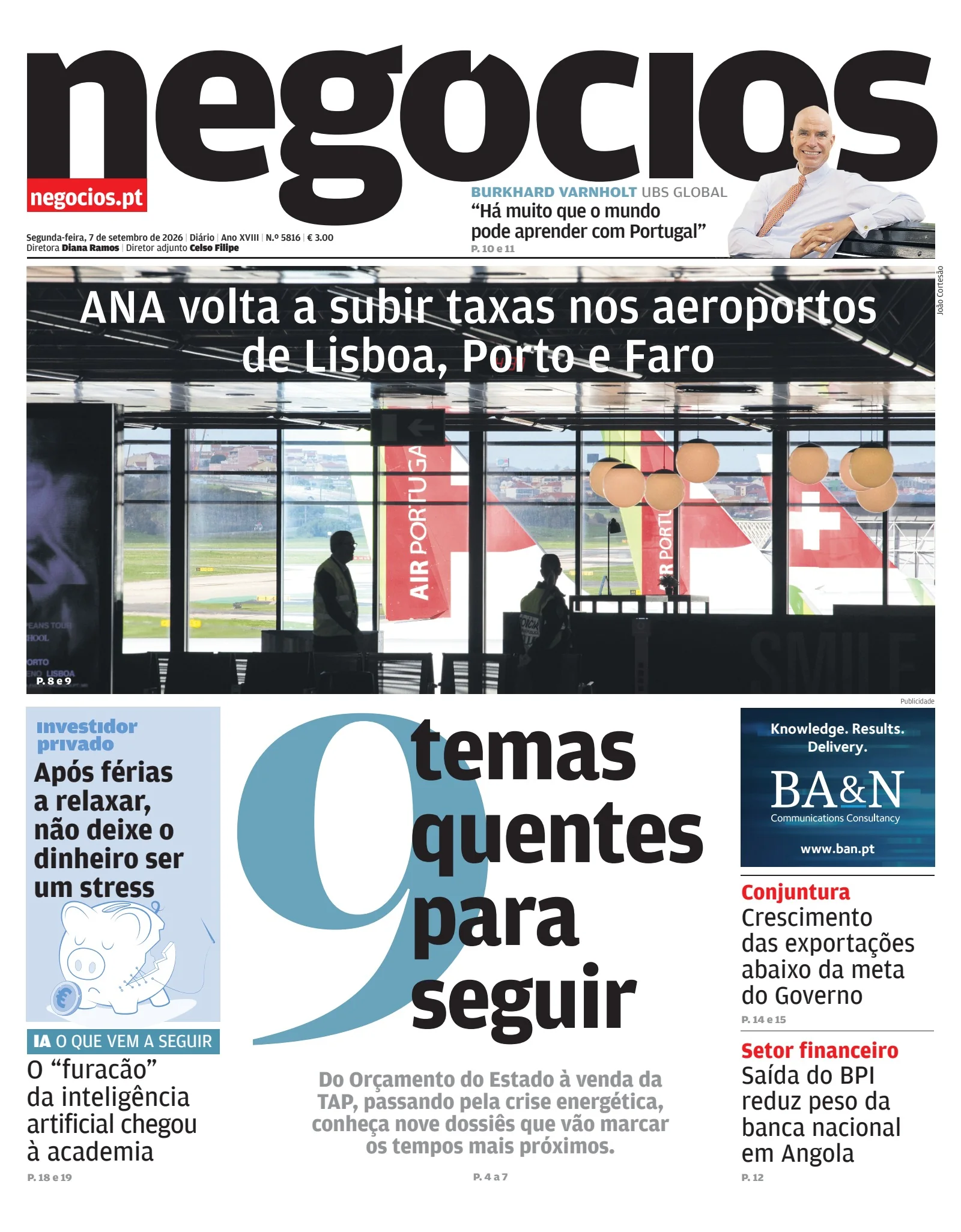 Capa do Jornal de Negócios de segunda-feira, 7 de setembro de 2026