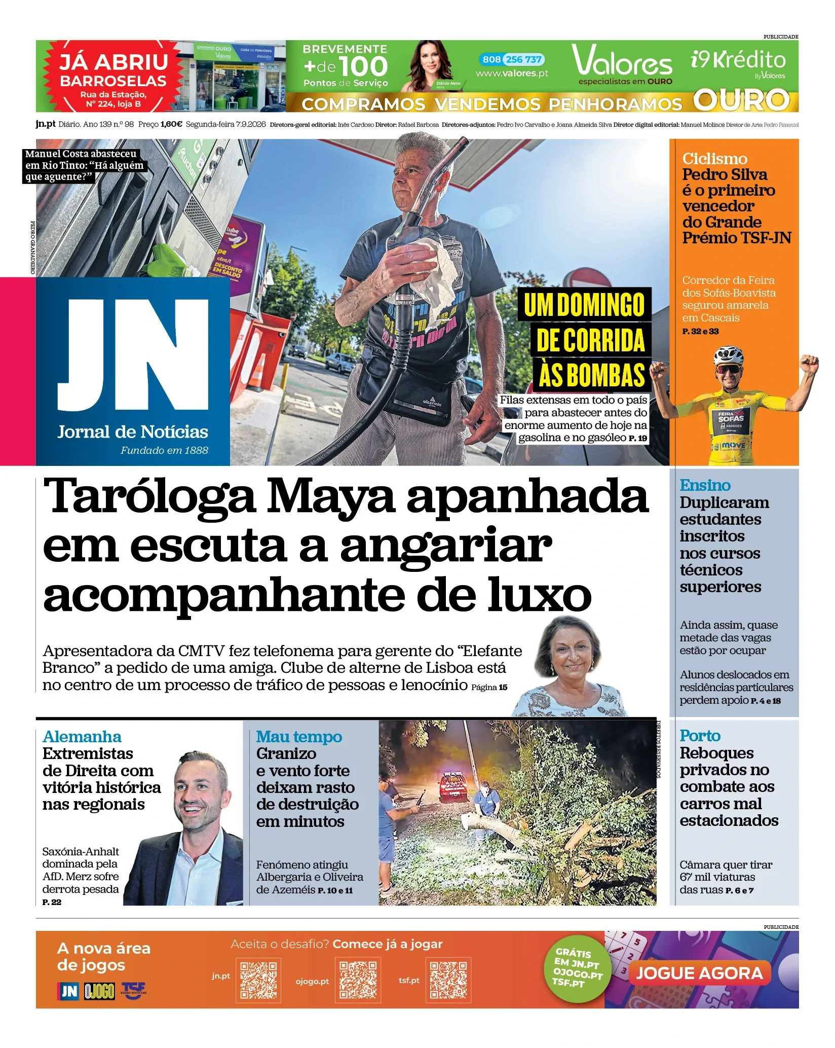Capa do Jornal de Notícias de segunda-feira, 7 de setembro de 2026
