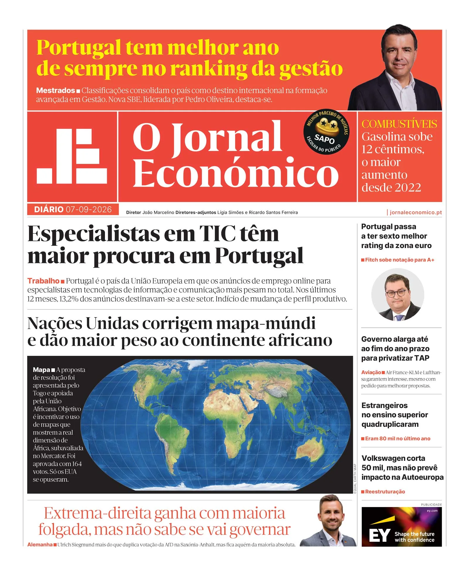 Capa do Jornal Económico de segunda-feira, 7 de setembro de 2026