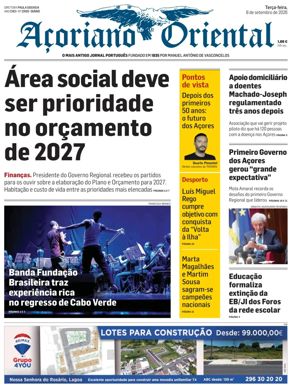 Capa do Açoriano Oriental de terça-feira, 8 de setembro de 2026