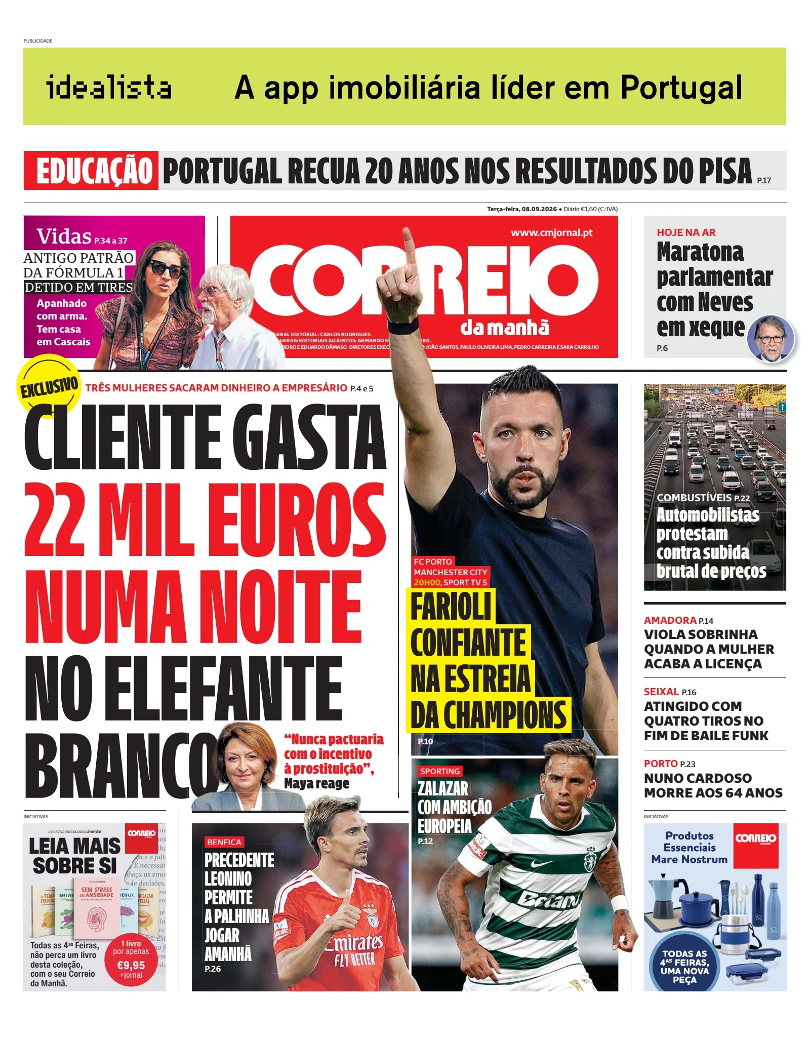Capa do Correio da Manhã de terça-feira, 8 de setembro de 2026