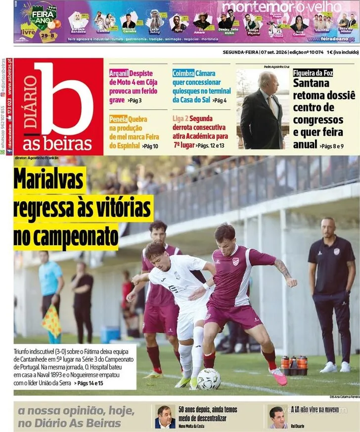Capa do Diário As Beiras de terça-feira, 8 de setembro de 2026