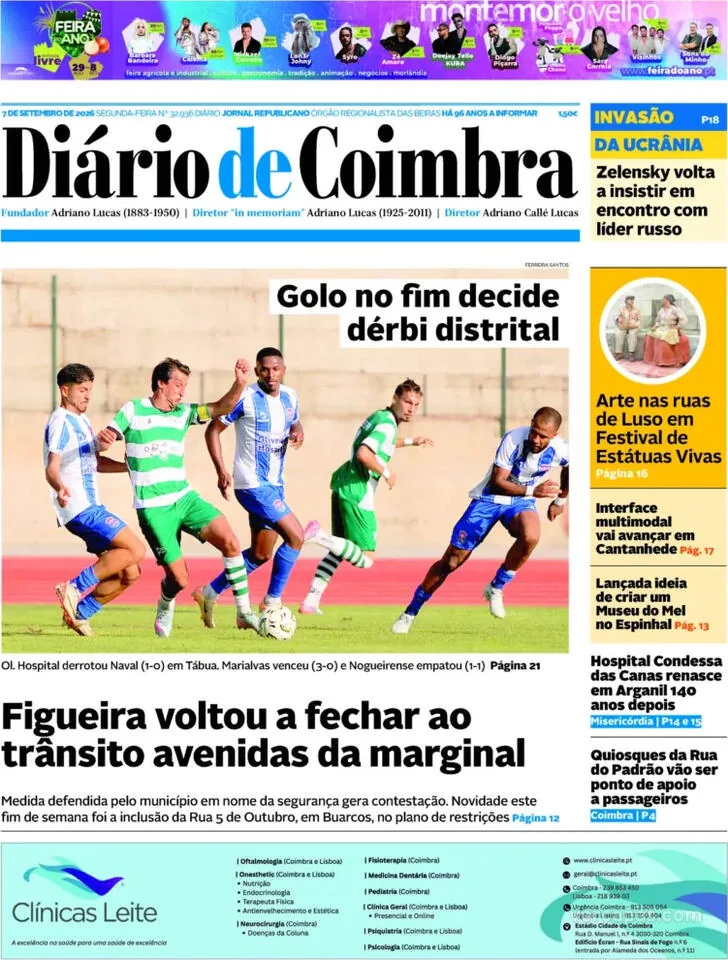 Capa do Diário de Coimbra de terça-feira, 8 de setembro de 2026