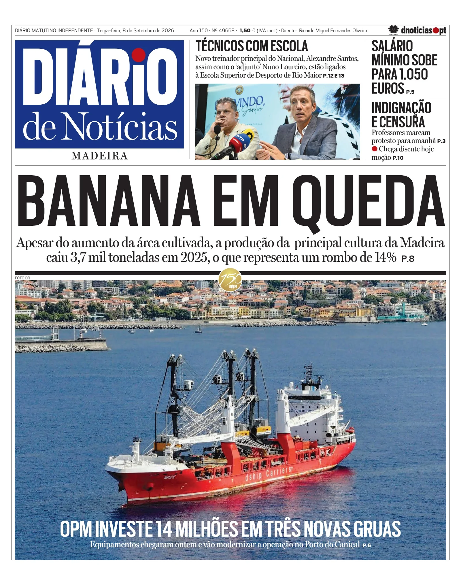 Capa do Diário de Notícias da Madeira de terça-feira, 8 de setembro de 2026