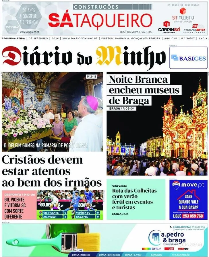 Capa do Diário do Minho de terça-feira, 8 de setembro de 2026