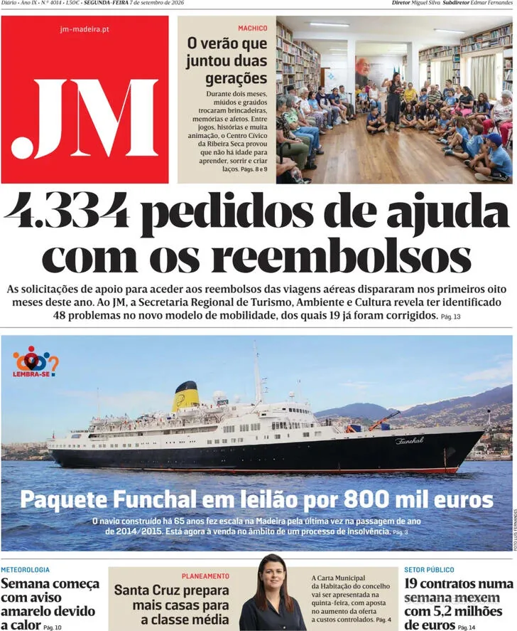 Capa do Jornal da Madeira de terça-feira, 8 de setembro de 2026