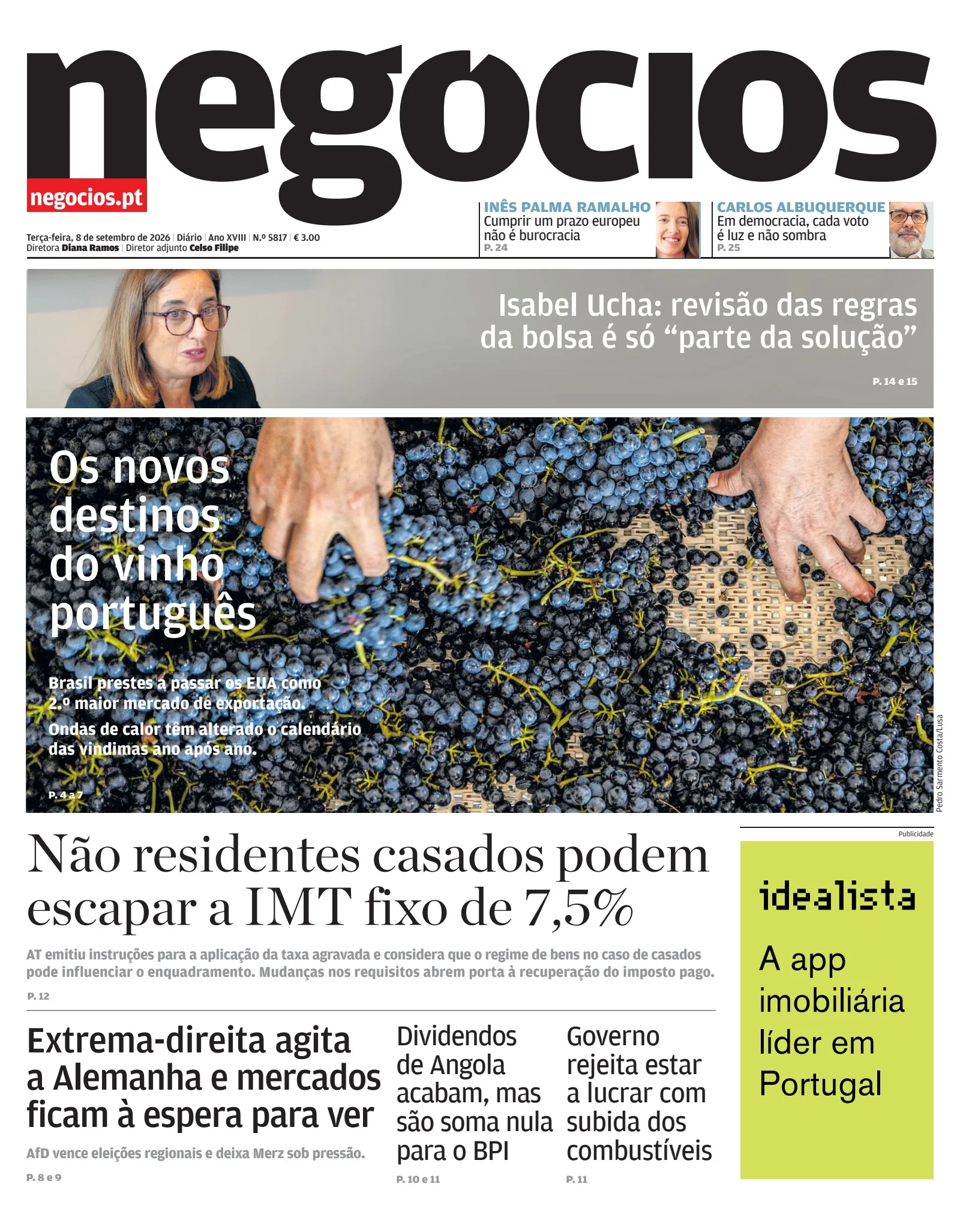 Capa do Jornal de Negócios de terça-feira, 8 de setembro de 2026