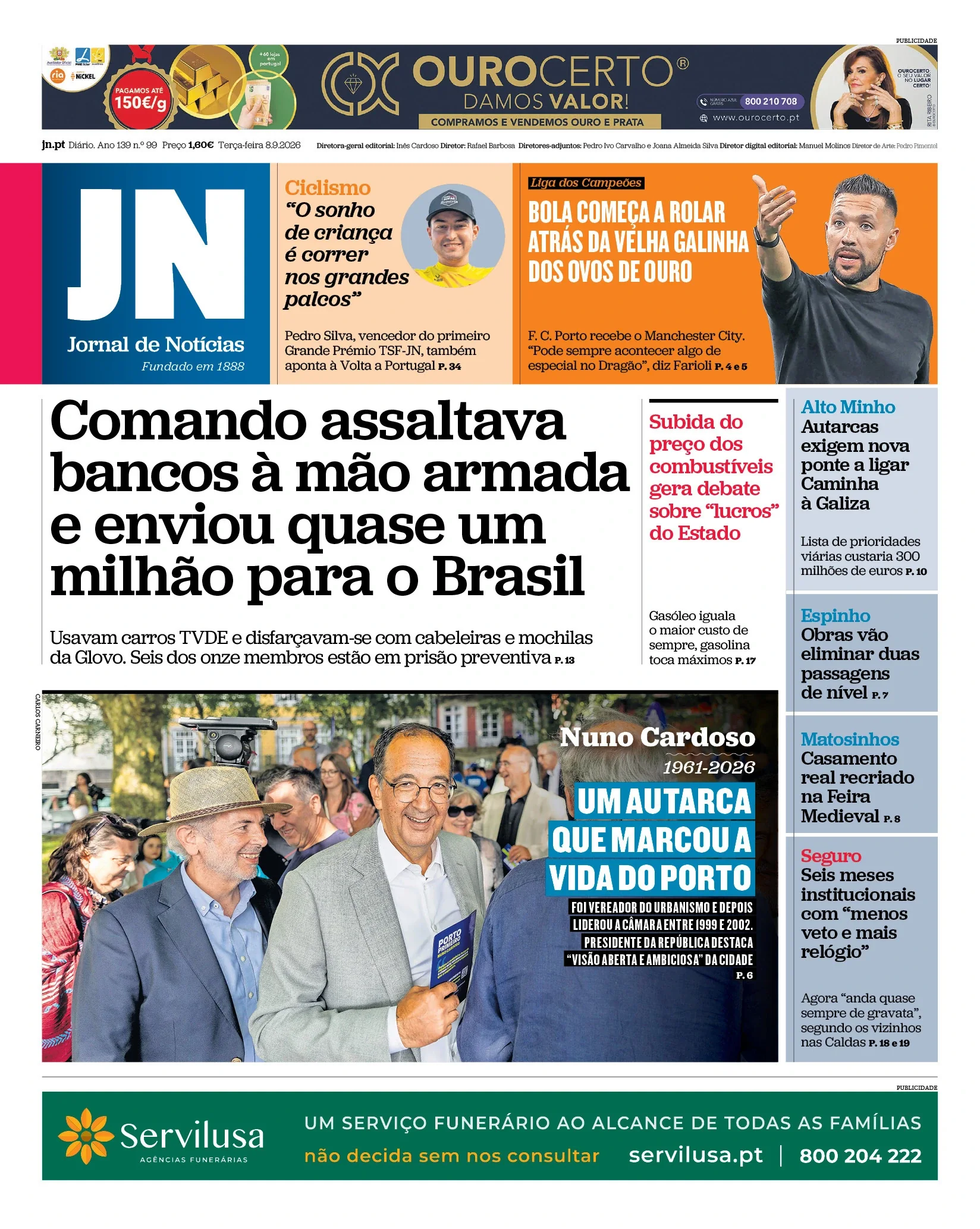 Capa do Jornal de Notícias de terça-feira, 8 de setembro de 2026