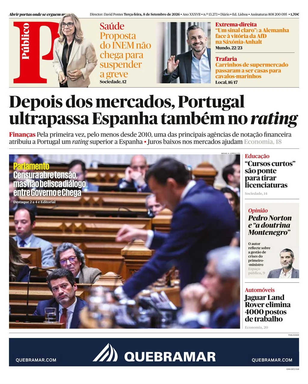 Capa do Público de terça-feira, 8 de setembro de 2026