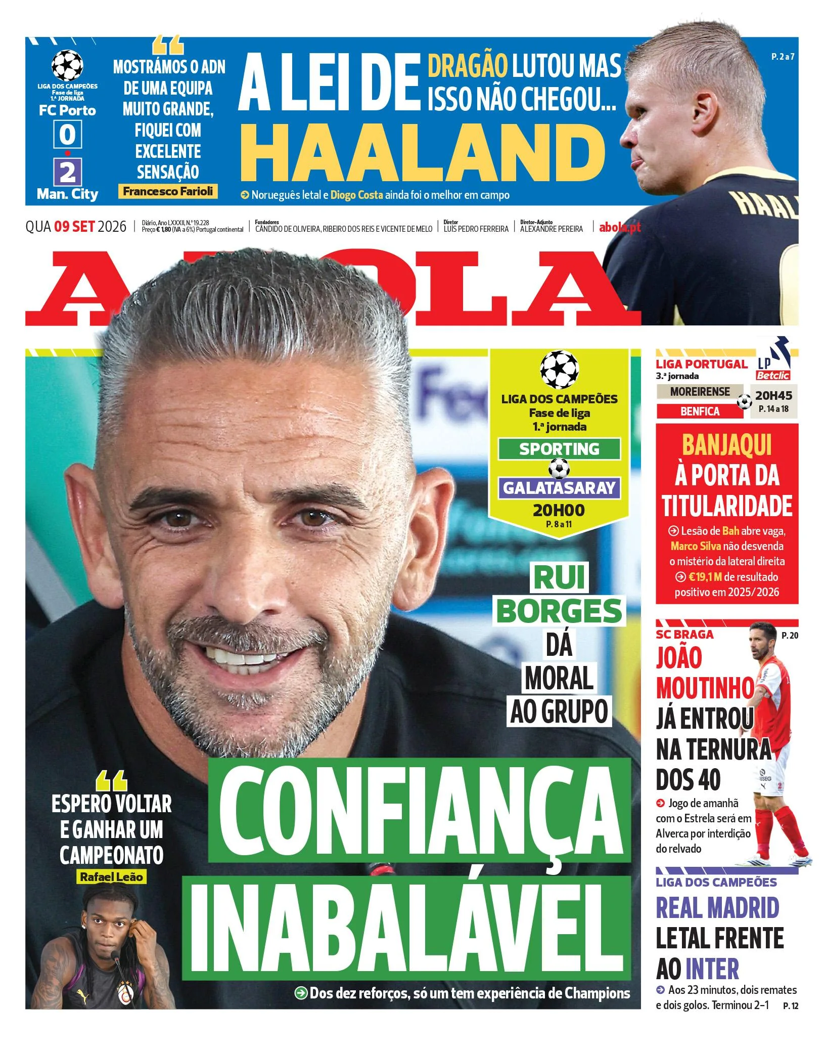 Capa do A Bola de quarta-feira, 9 de setembro de 2026