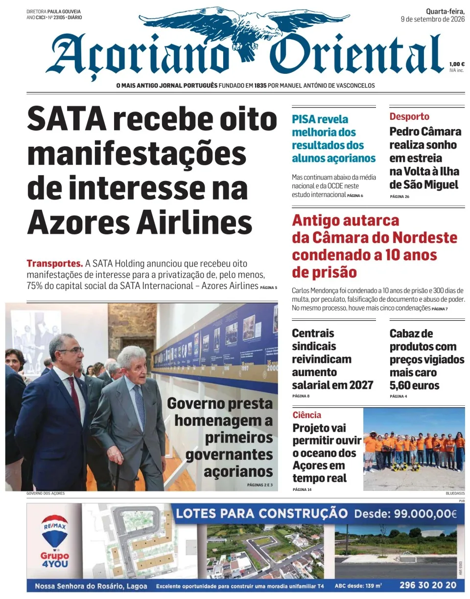 Capa do Açoriano Oriental de quarta-feira, 9 de setembro de 2026