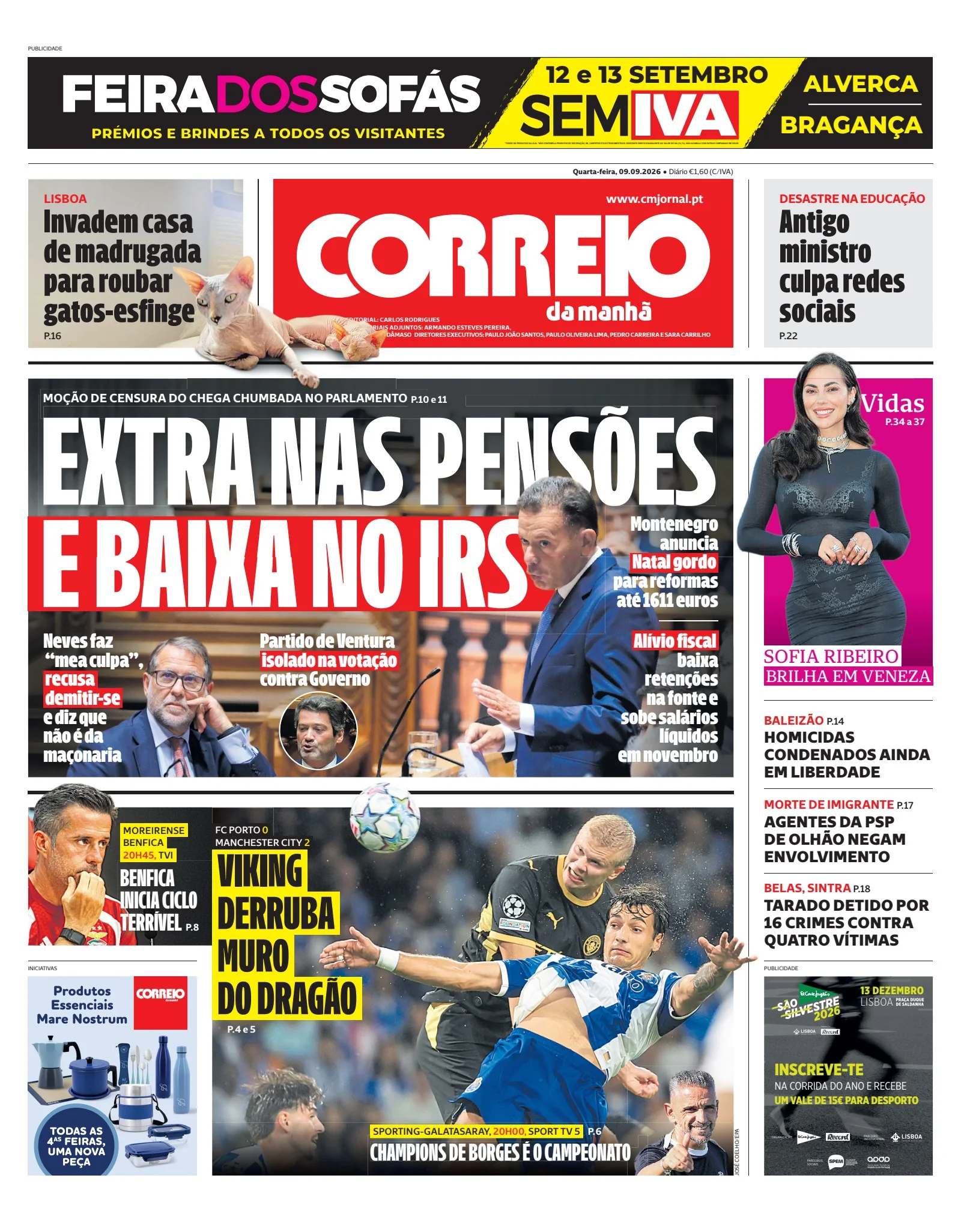 Capa do Correio da Manhã de quarta-feira, 9 de setembro de 2026