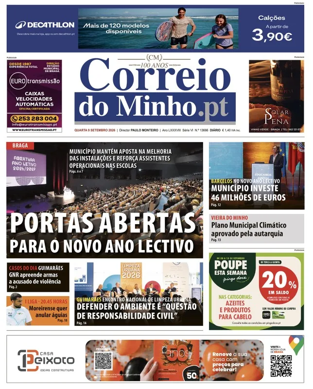 Capa do Correio do Minho de quarta-feira, 9 de setembro de 2026