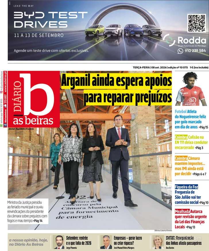 Capa do Diário As Beiras de quarta-feira, 9 de setembro de 2026