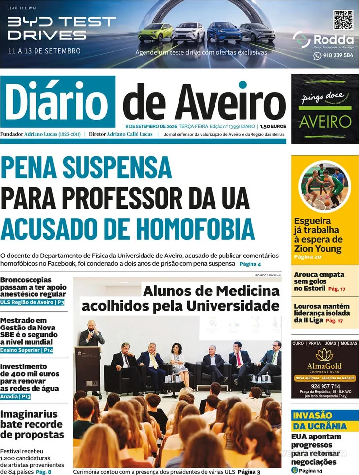 Capa do Diário de Aveiro de quarta-feira, 9 de setembro de 2026