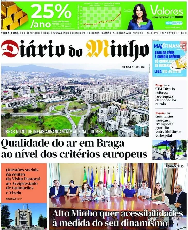 Capa do Diário do Minho de quarta-feira, 9 de setembro de 2026