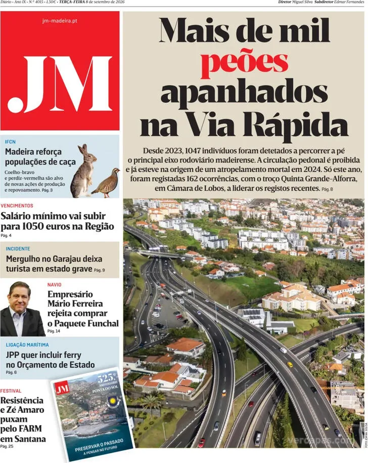Capa do Jornal da Madeira de quarta-feira, 9 de setembro de 2026