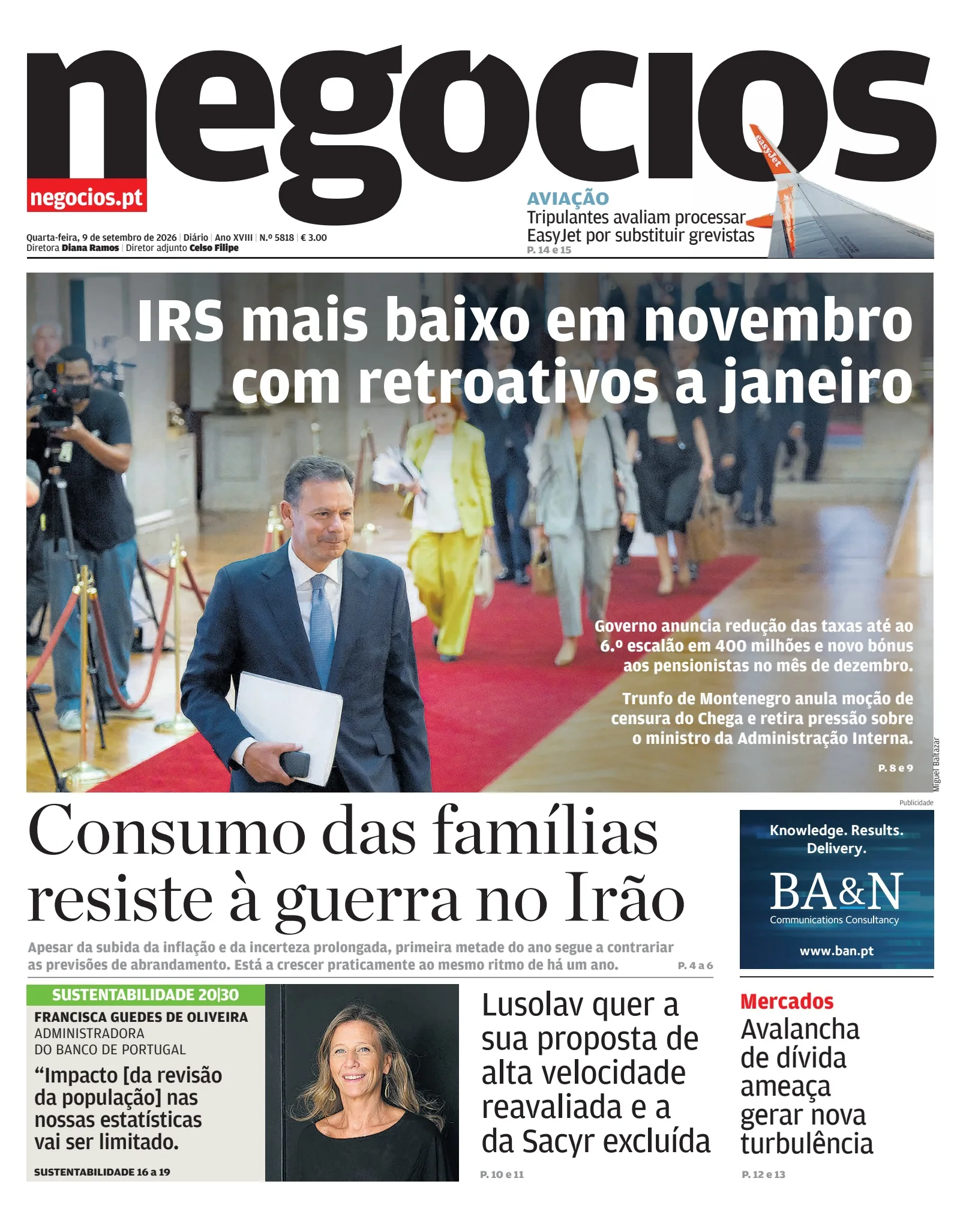 Capa do Jornal de Negócios de quarta-feira, 9 de setembro de 2026