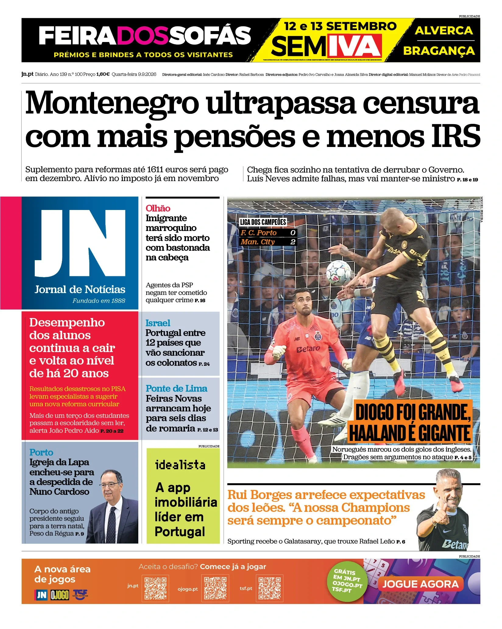 Capa do Jornal de Notícias de quarta-feira, 9 de setembro de 2026