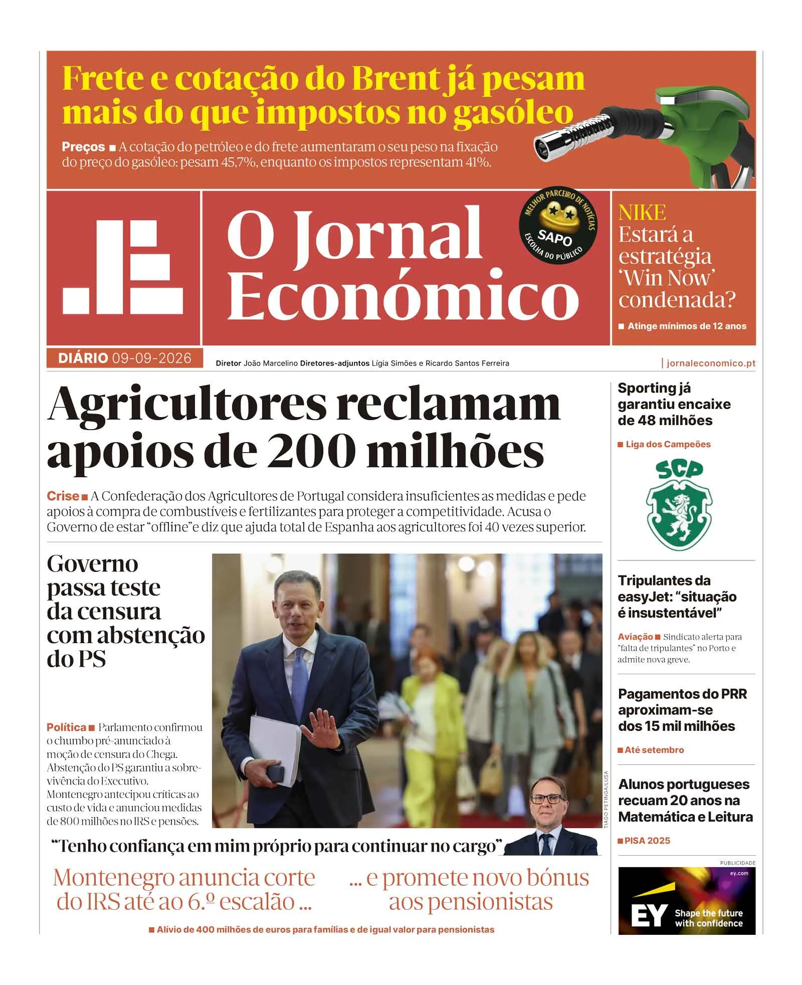 Capa do Jornal Económico de quarta-feira, 9 de setembro de 2026