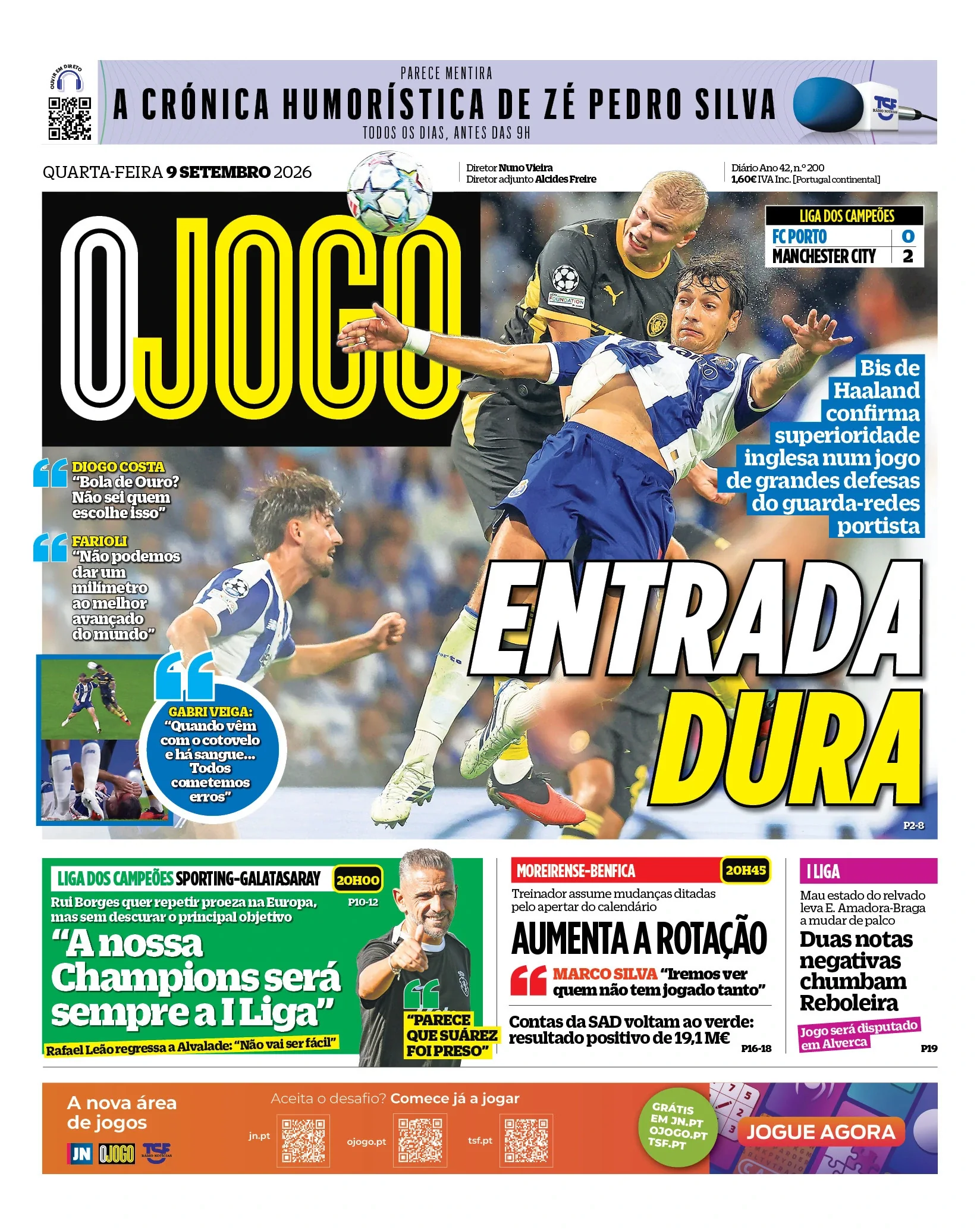 Capa do O Jogo de quarta-feira, 9 de setembro de 2026