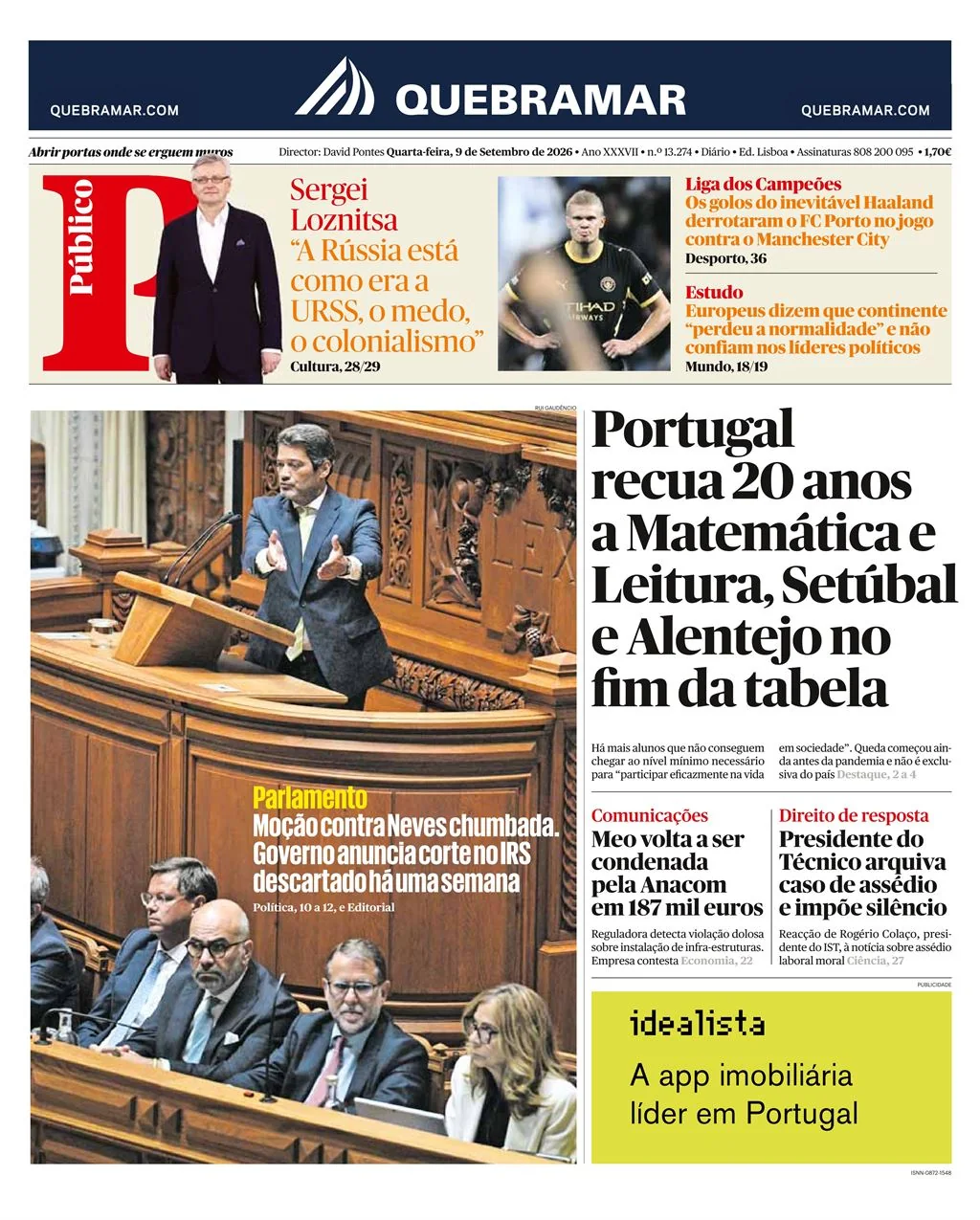 Capa do Público de quarta-feira, 9 de setembro de 2026