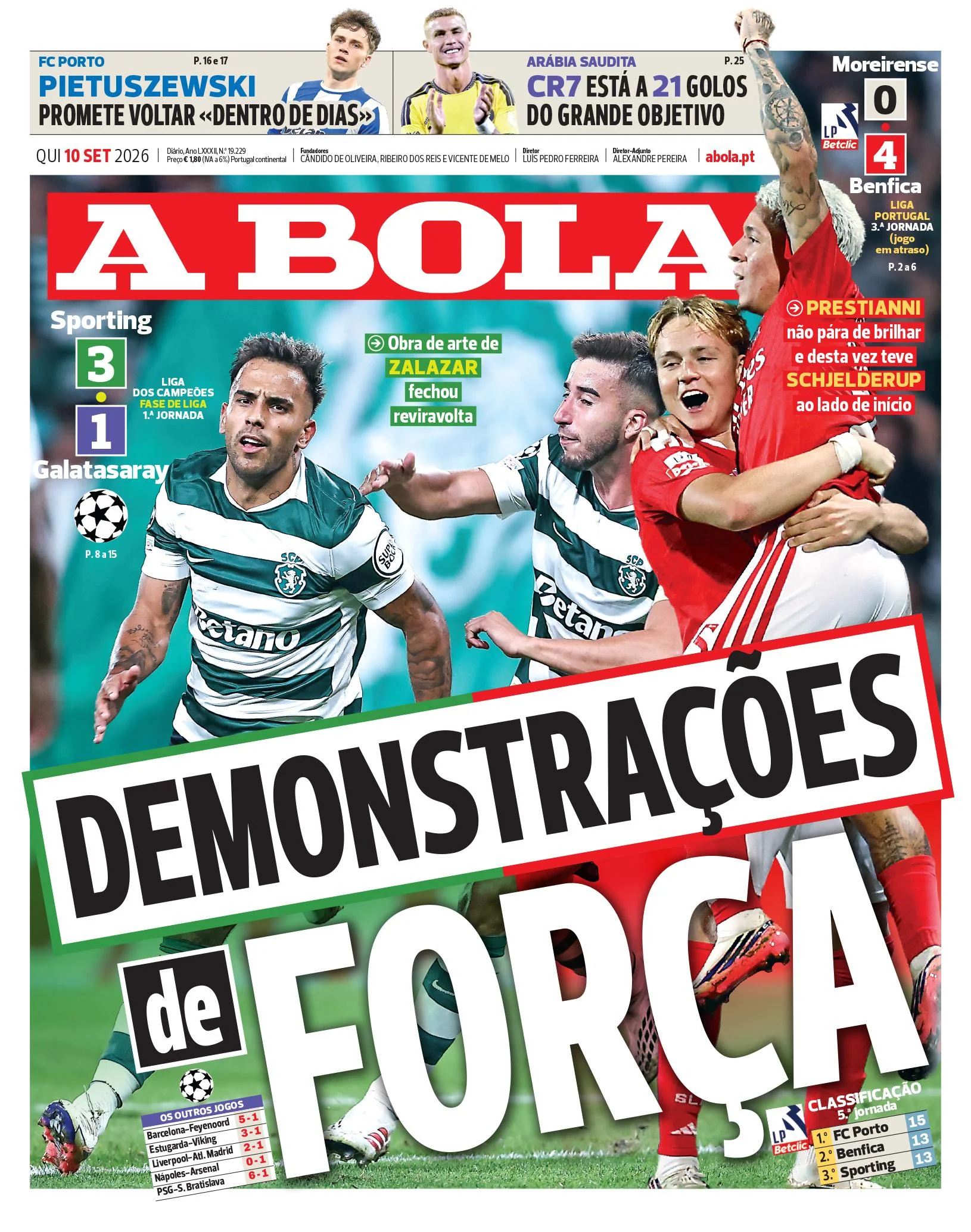 Capa do A Bola de quinta-feira, 10 de setembro de 2026