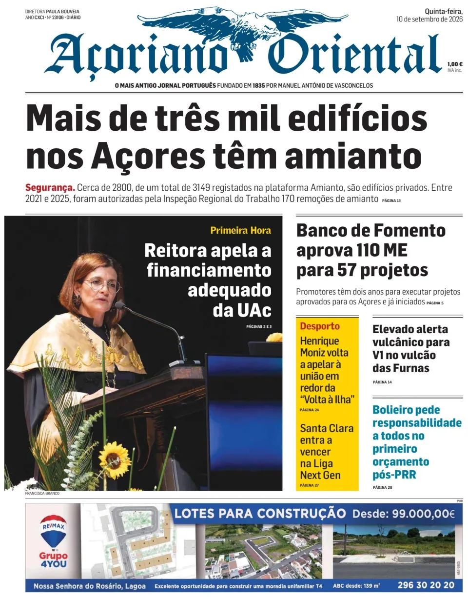 Capa do Açoriano Oriental de quinta-feira, 10 de setembro de 2026