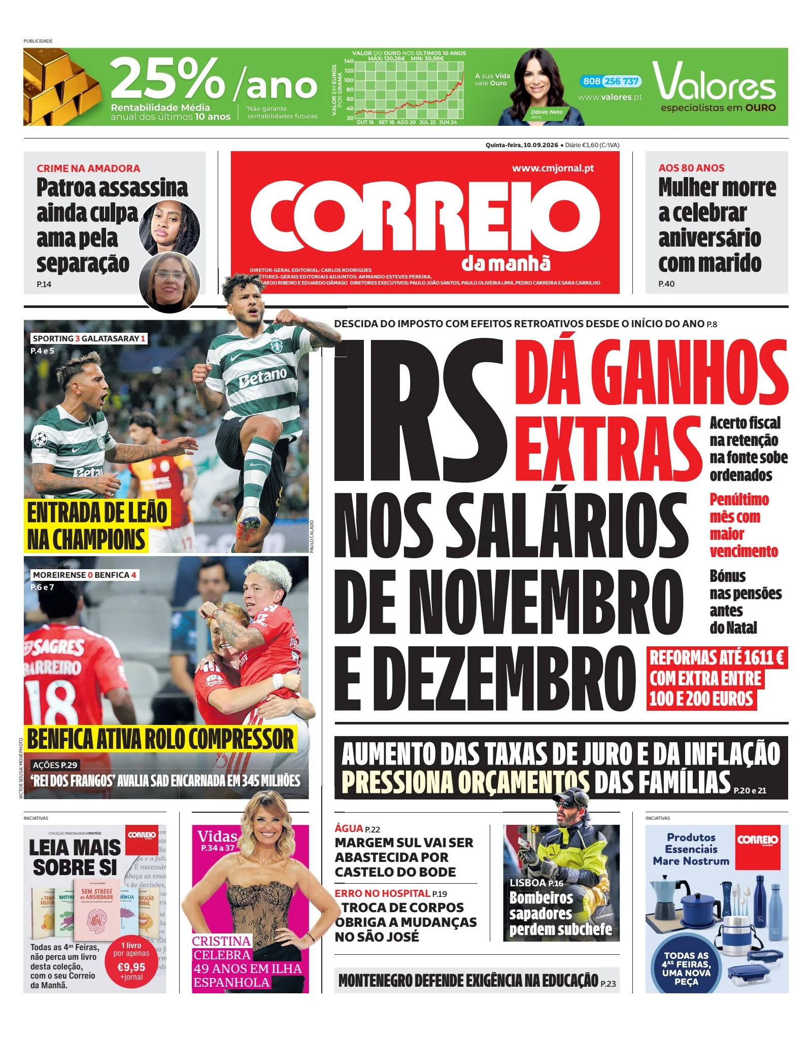 Capa do Correio da Manhã de quinta-feira, 10 de setembro de 2026