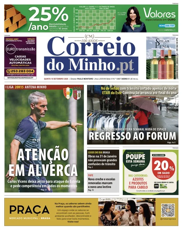 Capa do Correio do Minho de quinta-feira, 10 de setembro de 2026