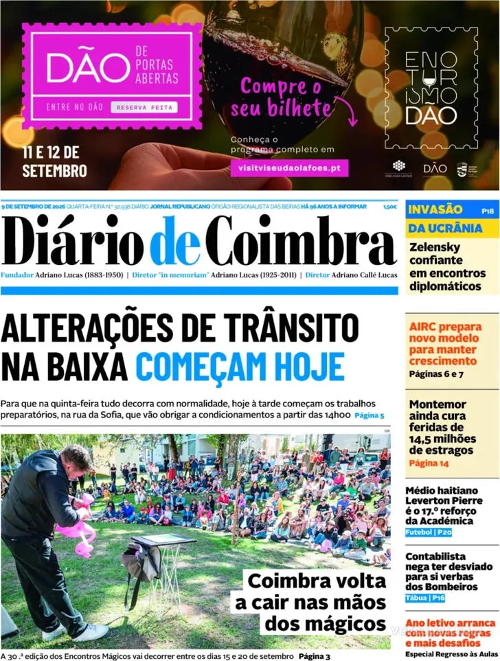 Capa do Diário de Coimbra de quinta-feira, 10 de setembro de 2026