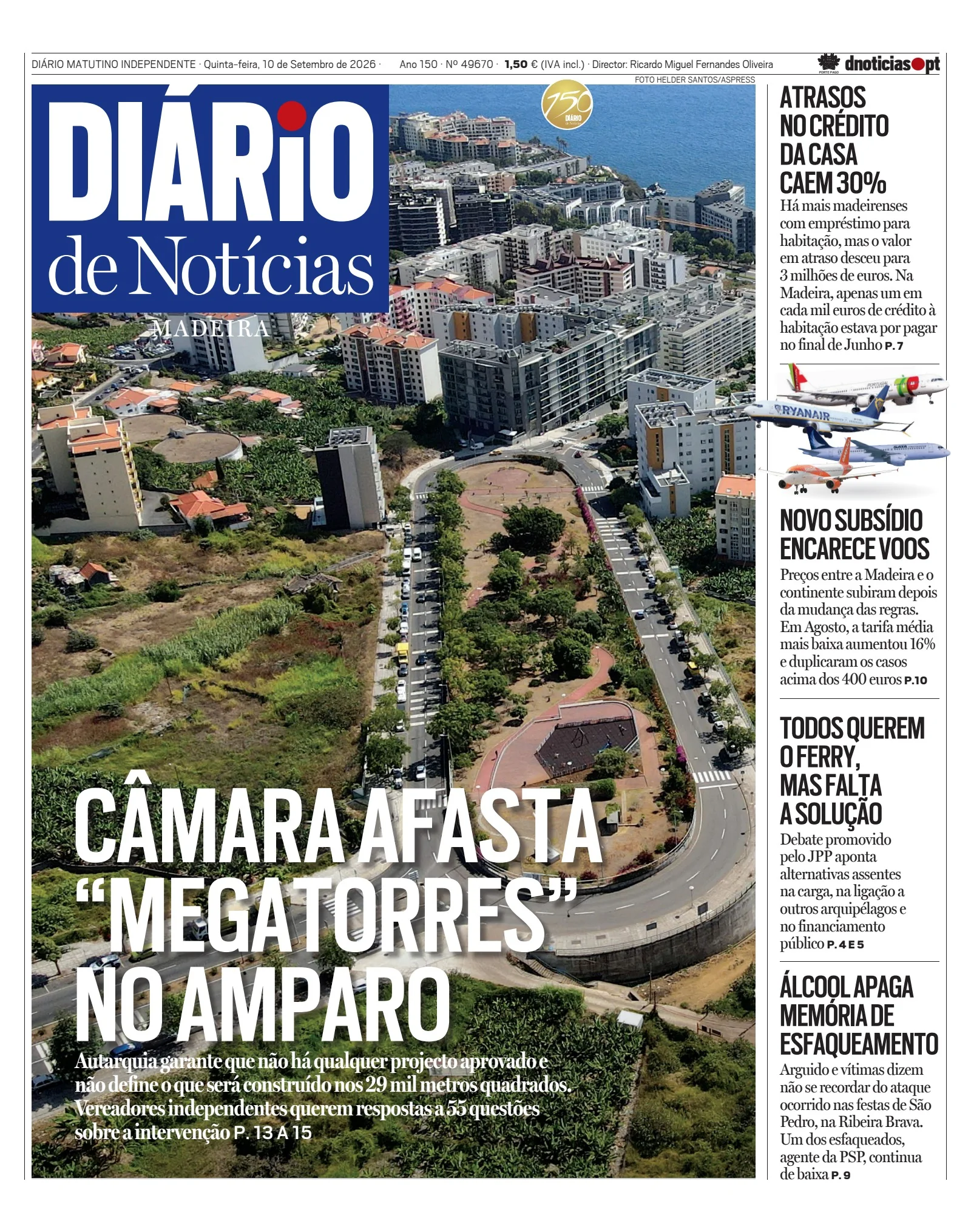 Capa do Diário de Notícias da Madeira de quinta-feira, 10 de setembro de 2026