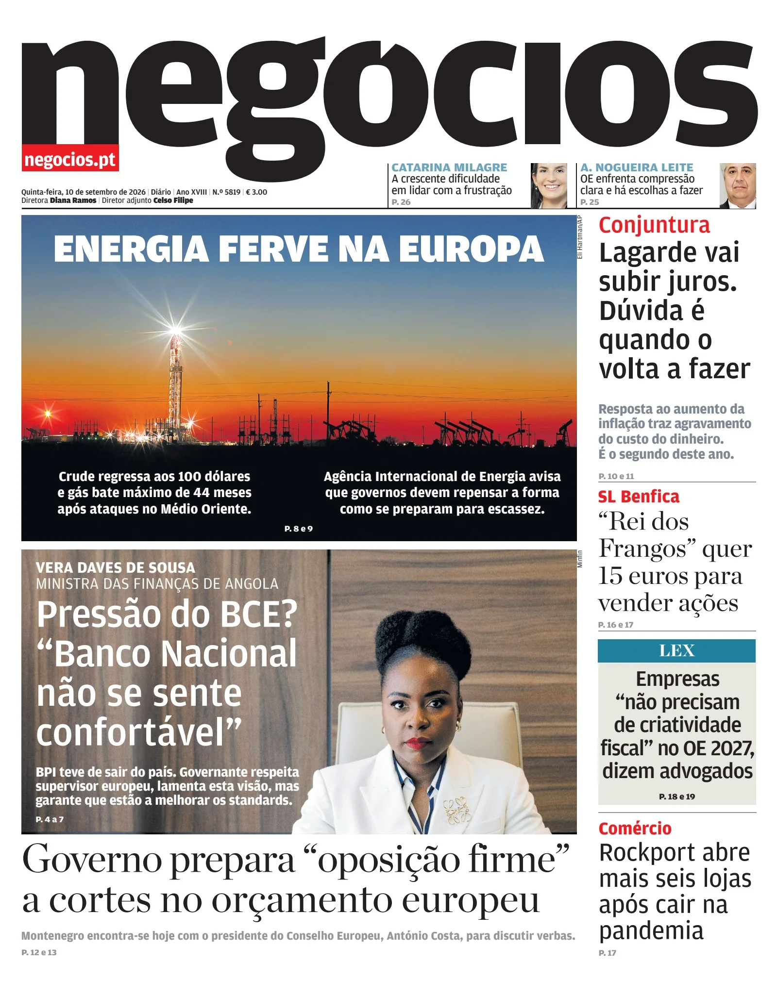 Capa do Jornal de Negócios de quinta-feira, 10 de setembro de 2026