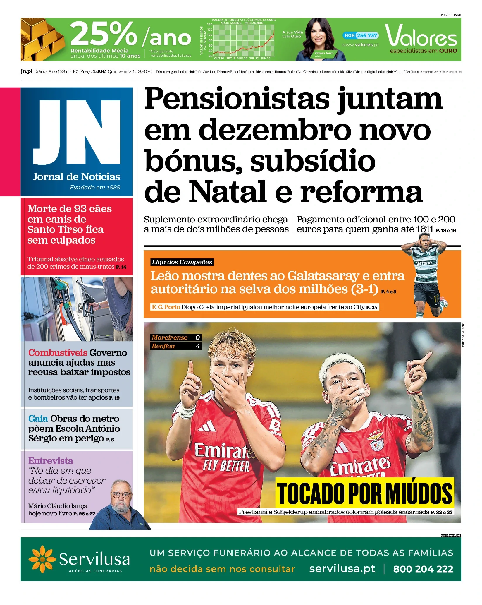 Capa do Jornal de Notícias de quinta-feira, 10 de setembro de 2026