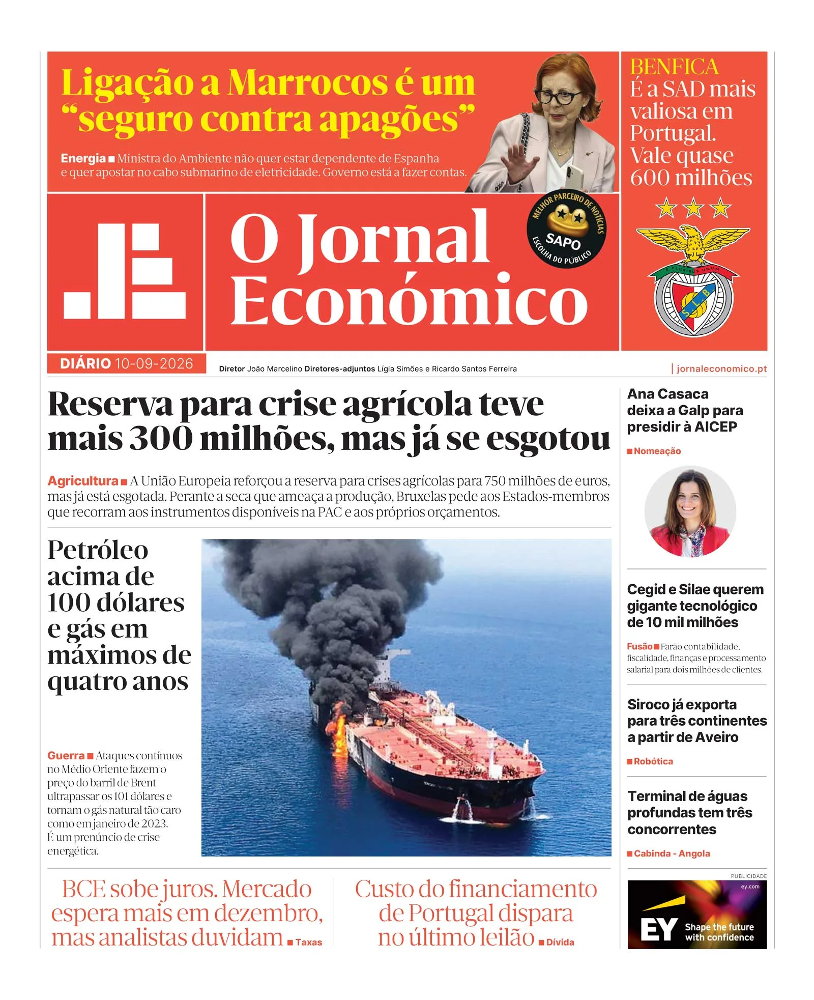 Capa do Jornal Económico de quinta-feira, 10 de setembro de 2026