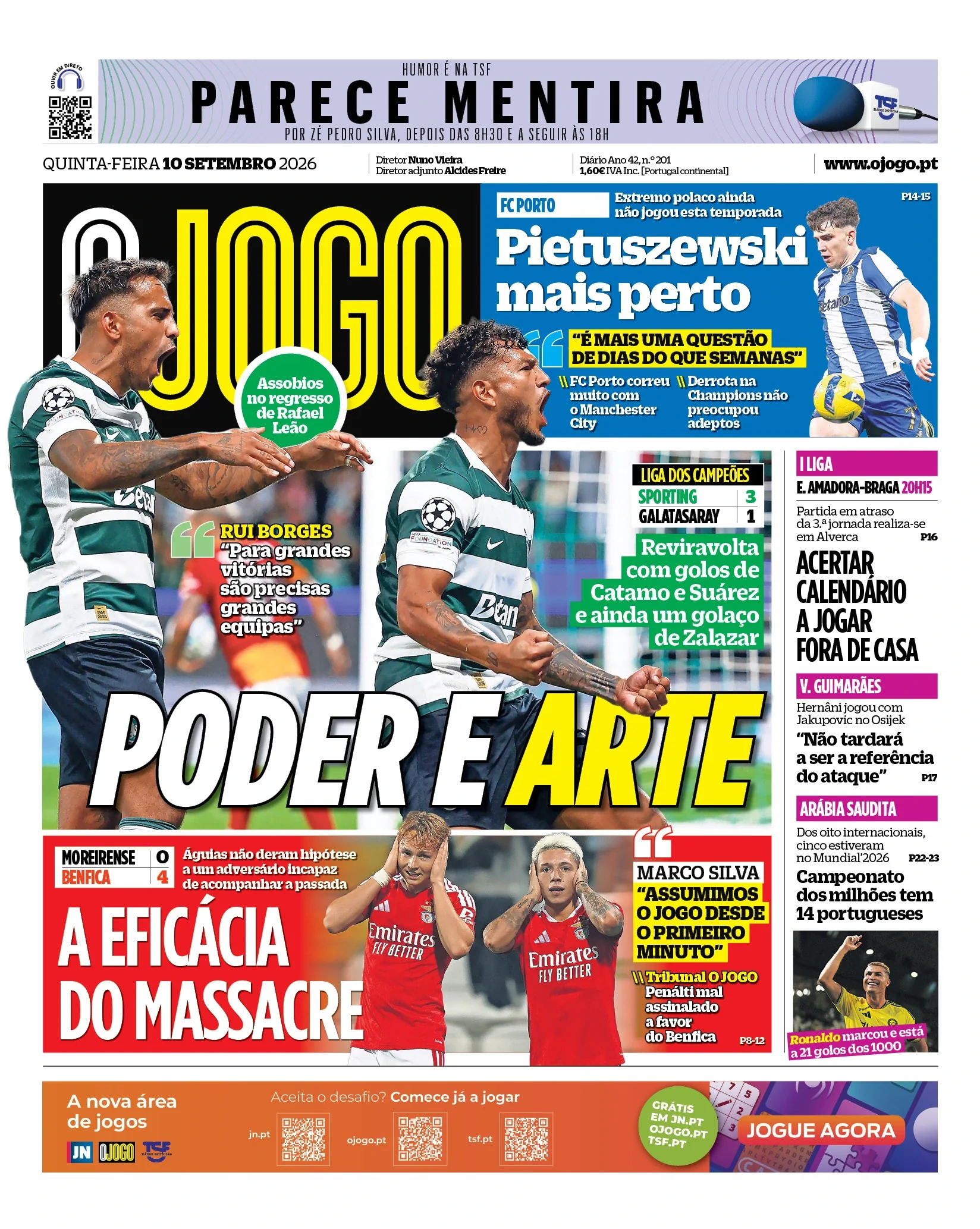 Capa do O Jogo de quinta-feira, 10 de setembro de 2026