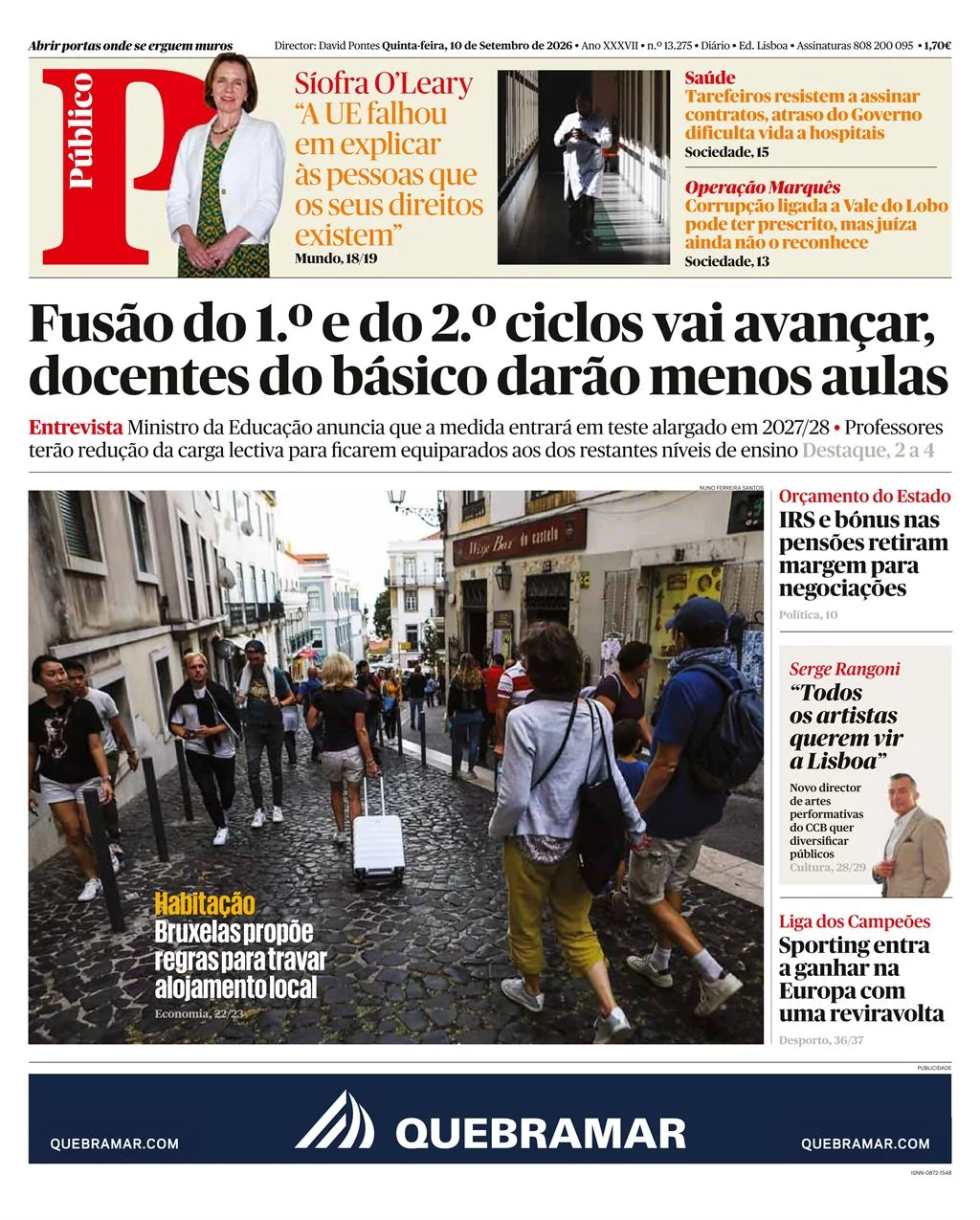 Capa do Público de quinta-feira, 10 de setembro de 2026