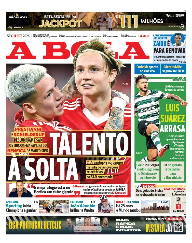 Capa do A Bola de sexta-feira, 11 de setembro de 2026