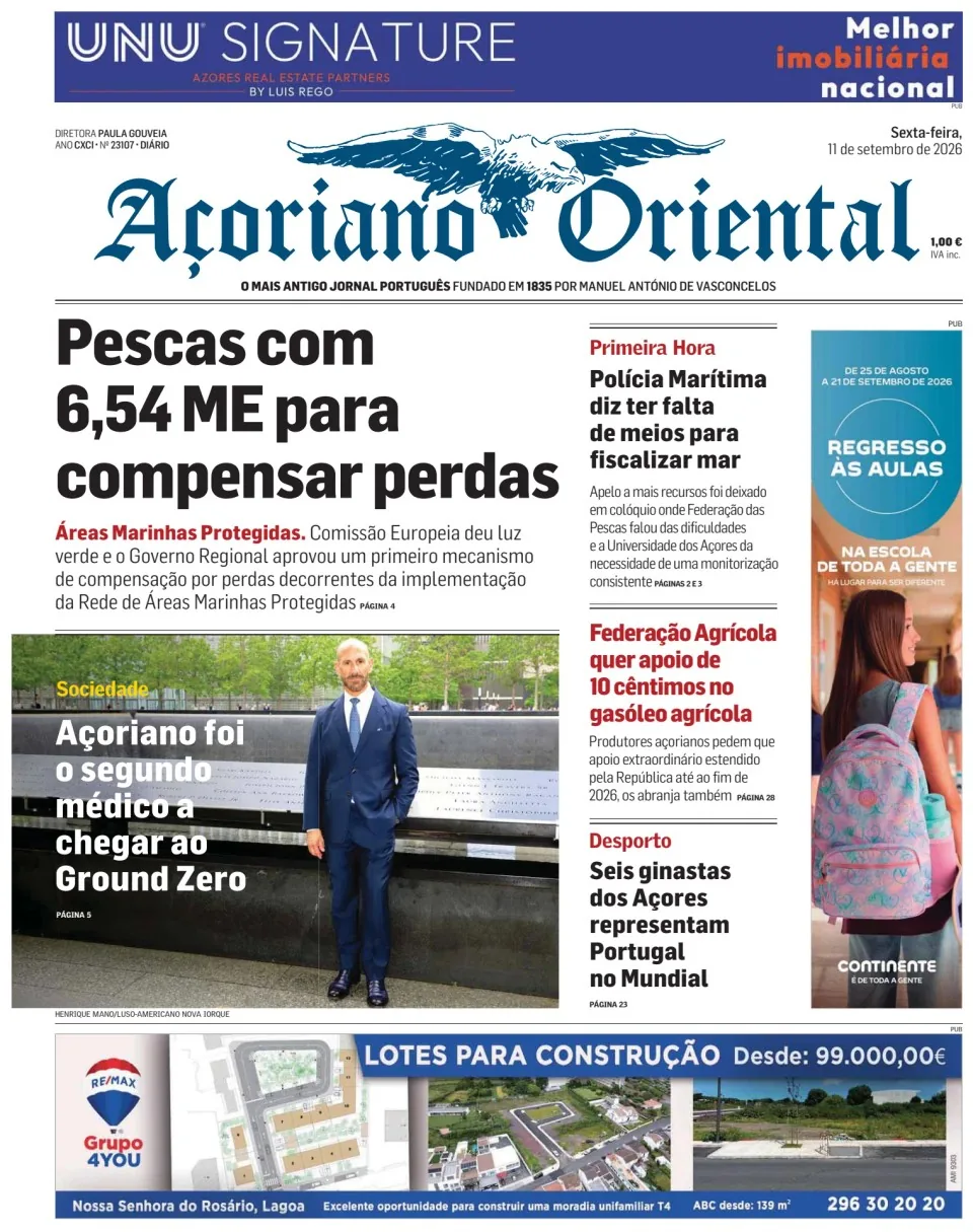Capa do Açoriano Oriental de sexta-feira, 11 de setembro de 2026