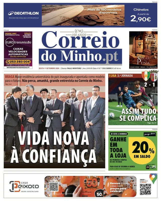 Capa do Correio do Minho de sexta-feira, 11 de setembro de 2026