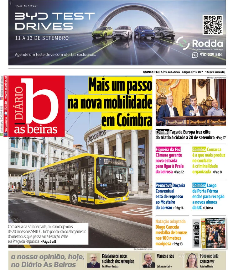 Capa do Diário As Beiras de sexta-feira, 11 de setembro de 2026