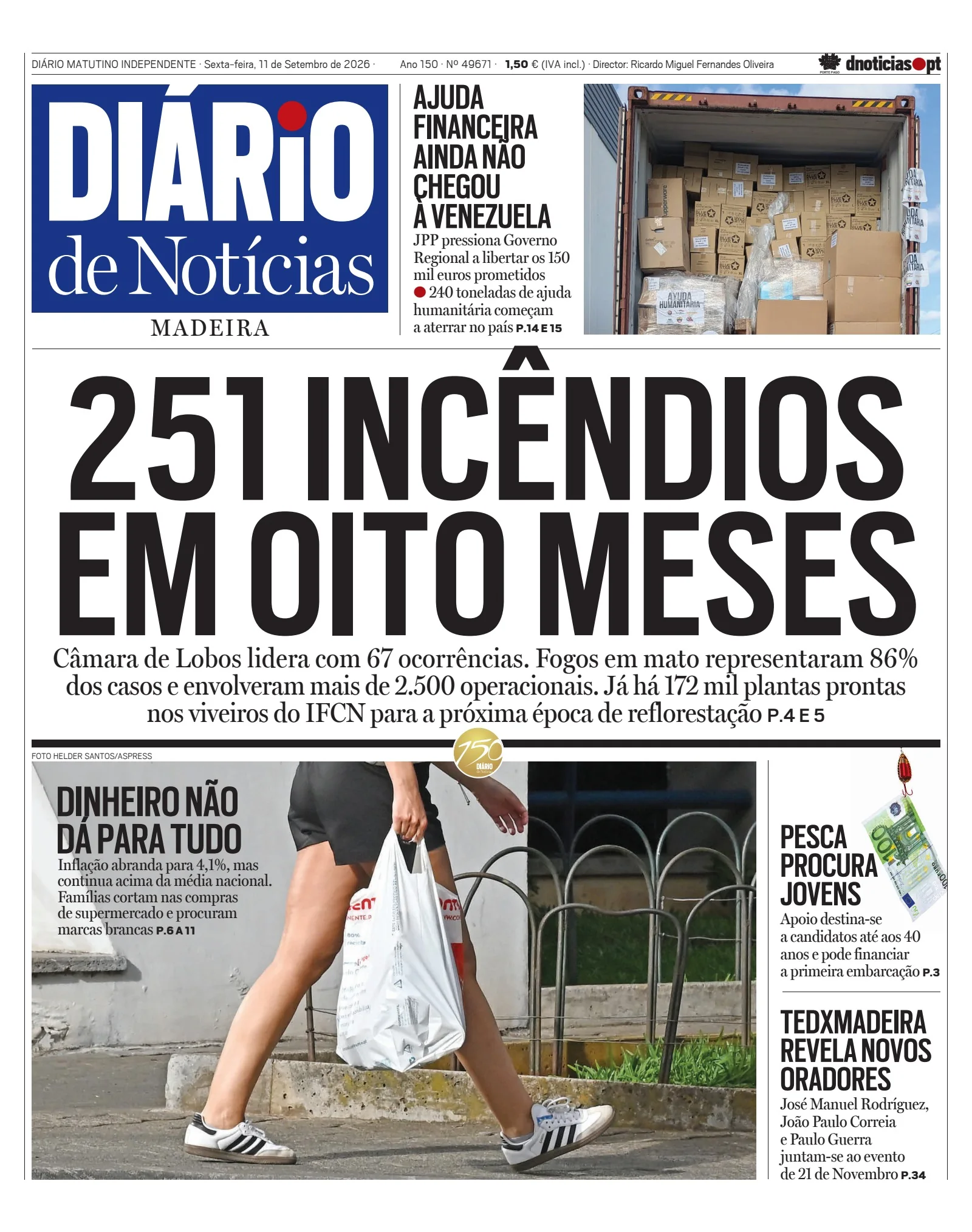 Capa do Diário de Notícias da Madeira de sexta-feira, 11 de setembro de 2026