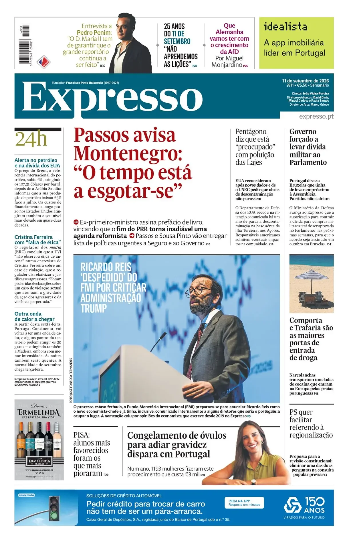 Capa do Expresso de sexta-feira, 11 de setembro de 2026