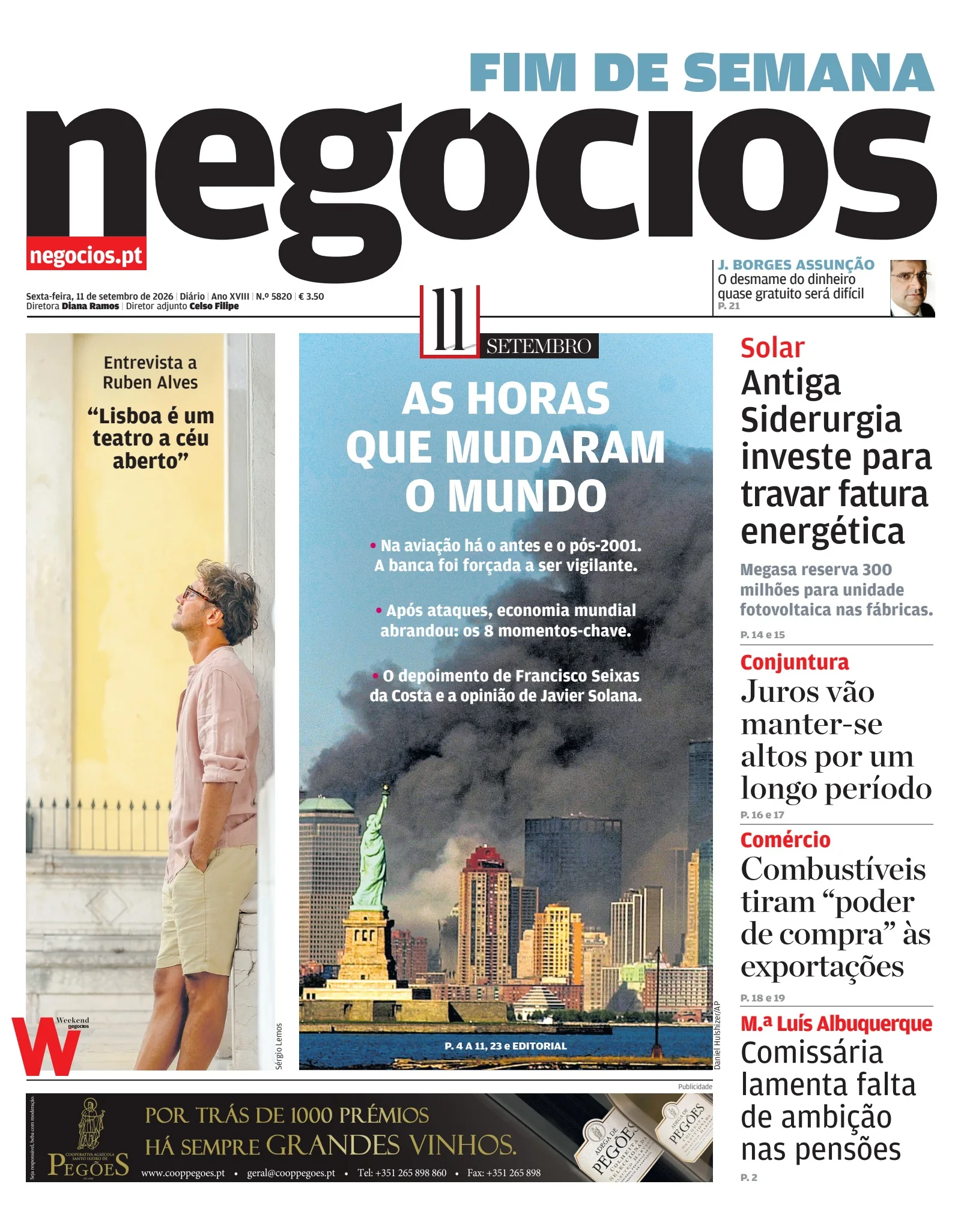Capa do Jornal de Negócios de sexta-feira, 11 de setembro de 2026