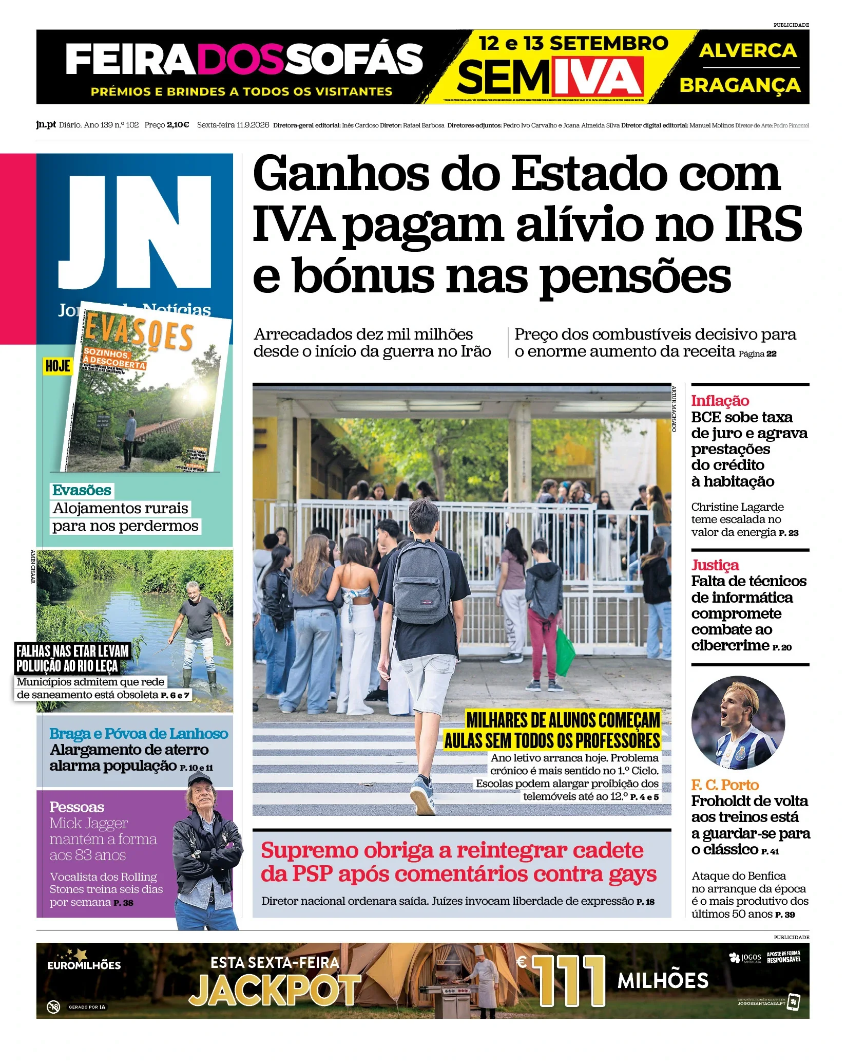 Capa do Jornal de Notícias de sexta-feira, 11 de setembro de 2026